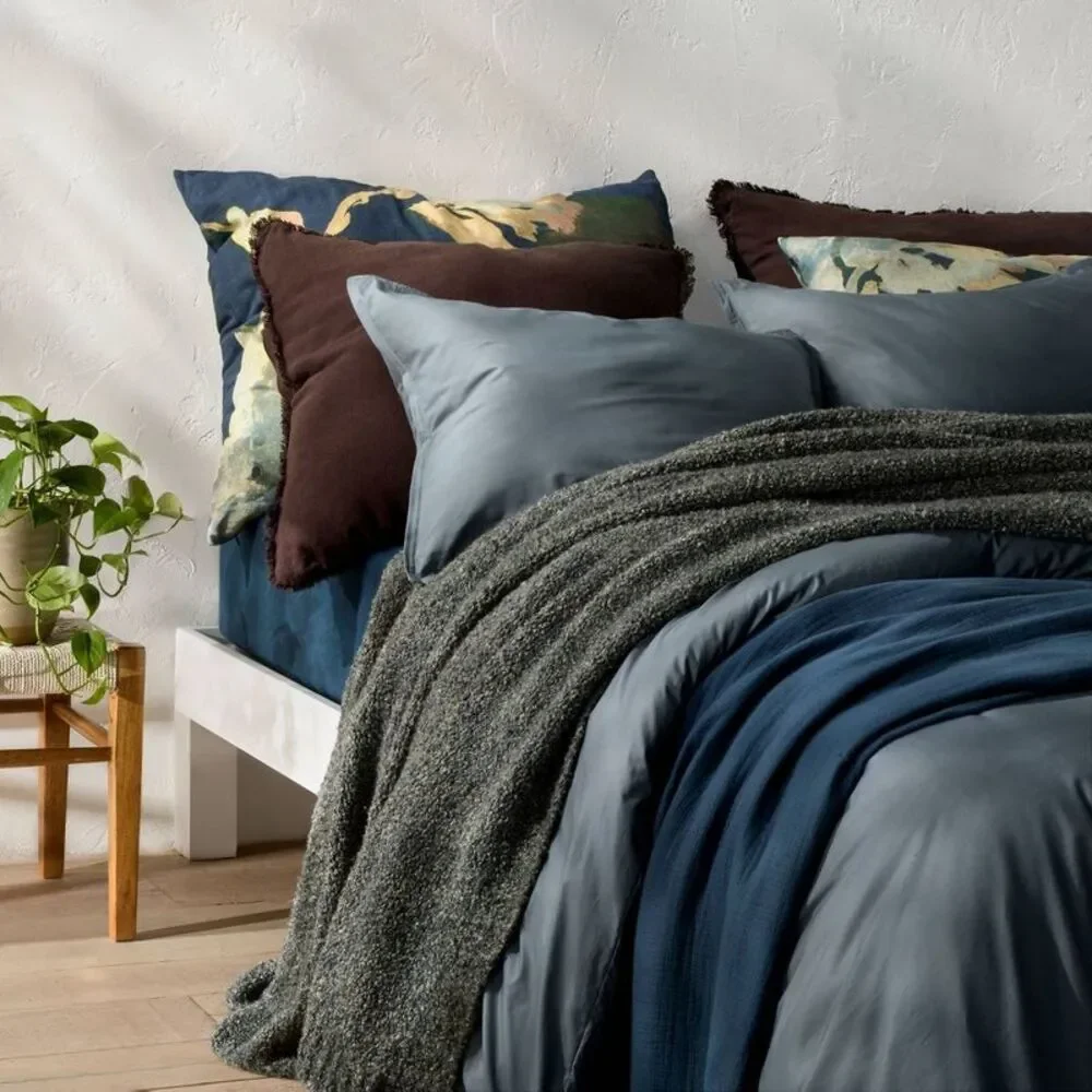King Euro Heavyweight Linen Blend Throw Decorative Pillow Navy Floral Print-